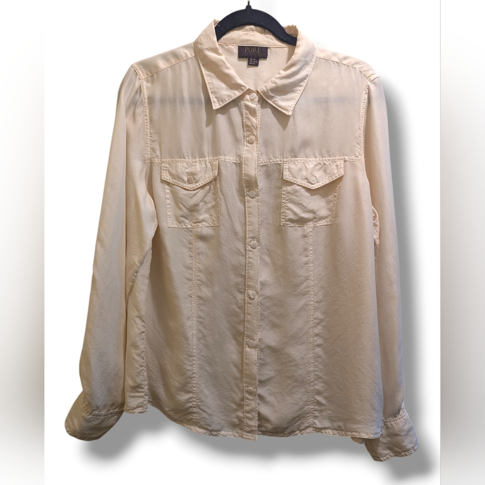 PURE Collection Cream Button Down Shirt Long Sleeve 100% Silk- US 14/16